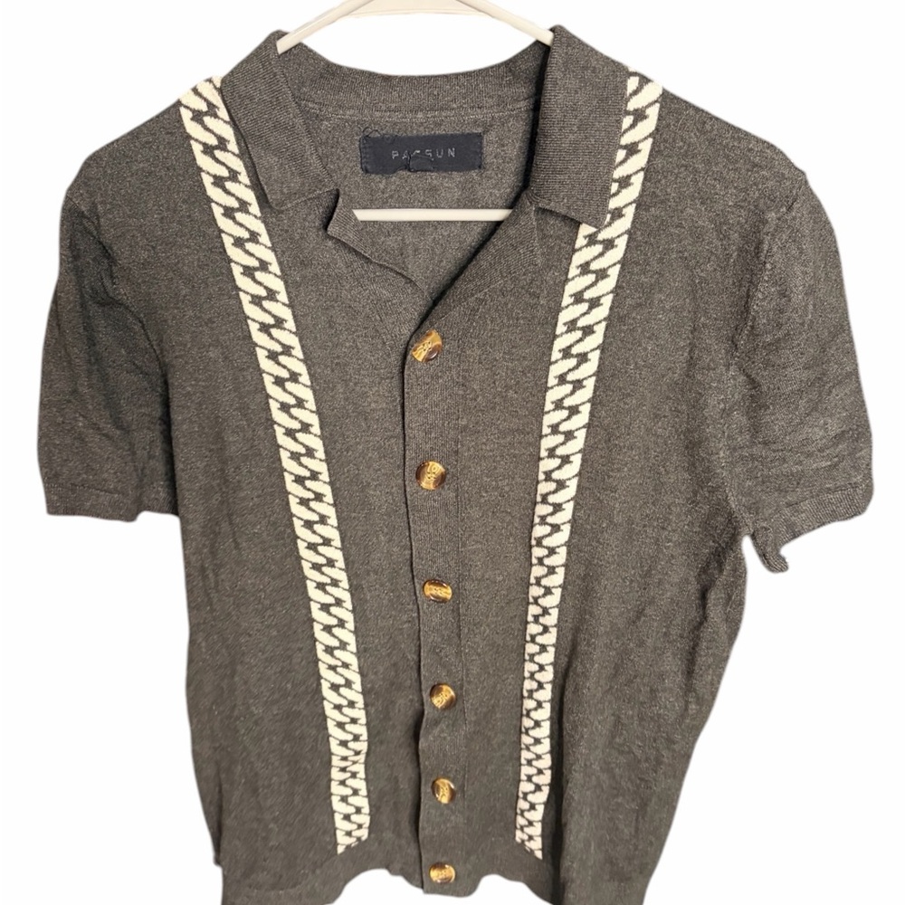 PacSun Men's Charcoal and Cream Button-Down Shirt